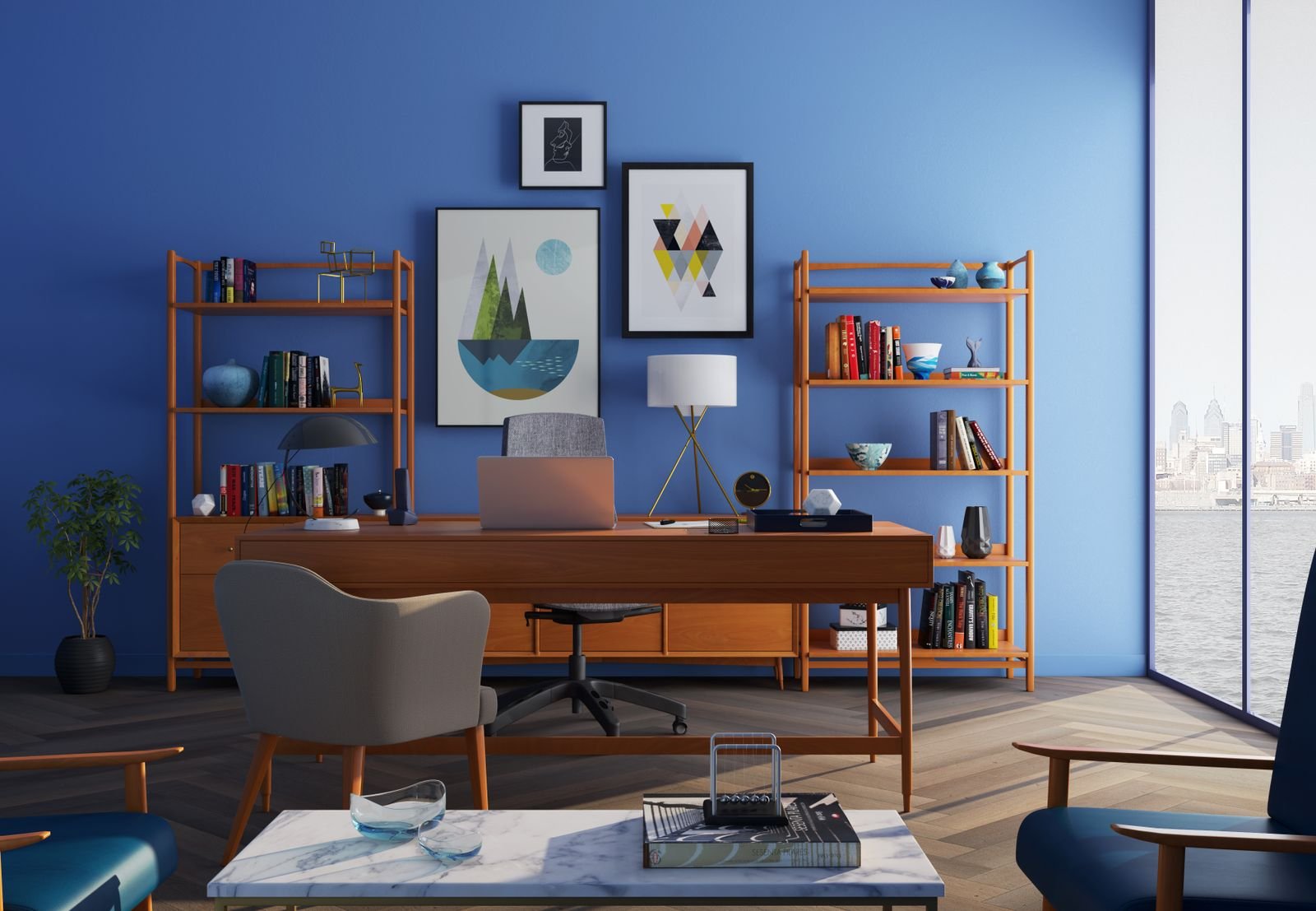 Home office com bancada suspensa